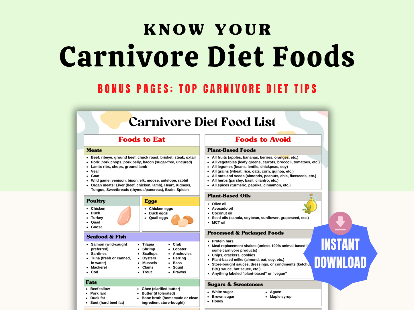 Printable Carnivore Diet Food List with 100+ animal-based foods and success tips