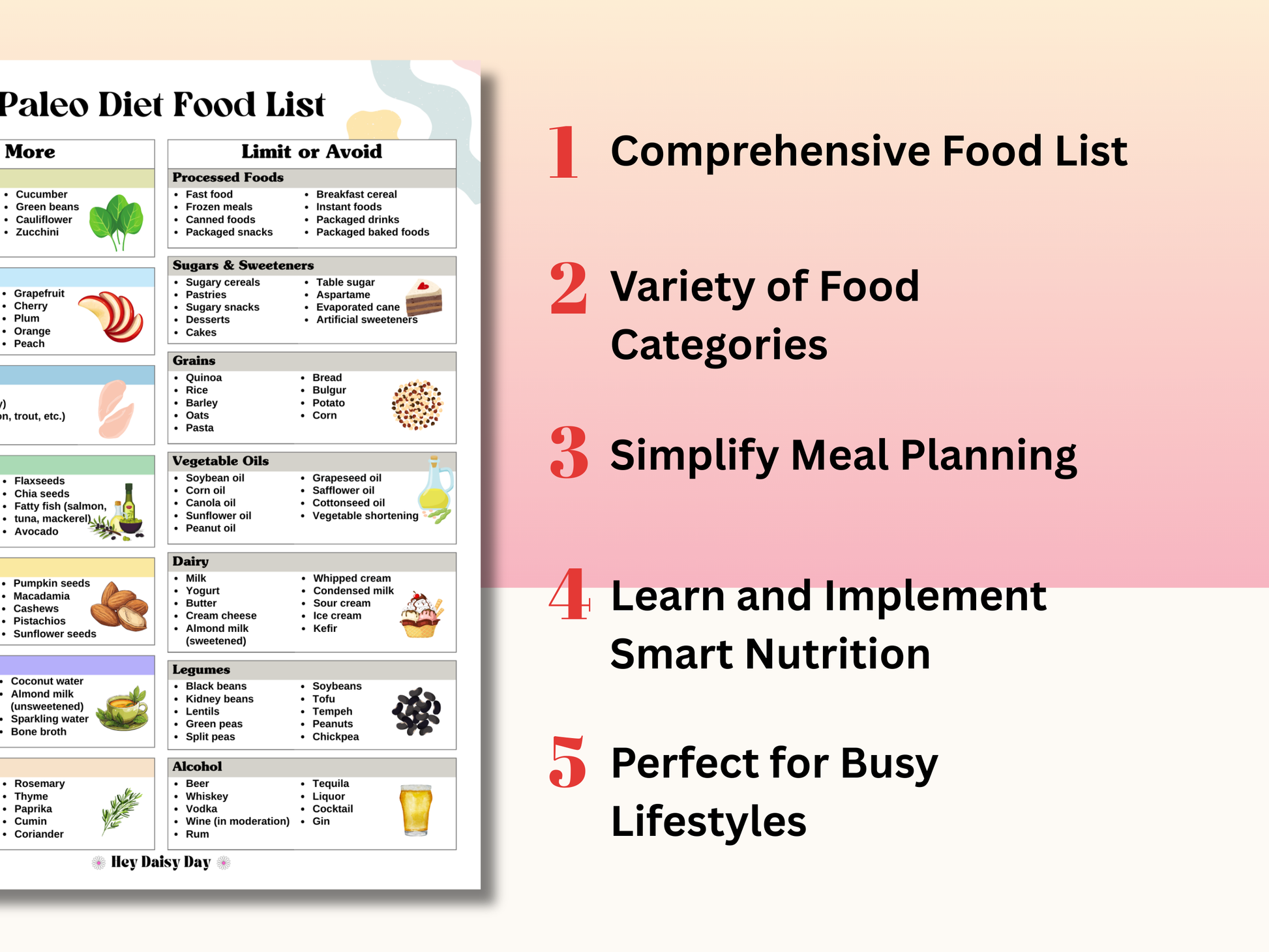 Printable Paleo Diet Food List with 100+ approved foods and bonus starter tips – clean eating guide for women over 35