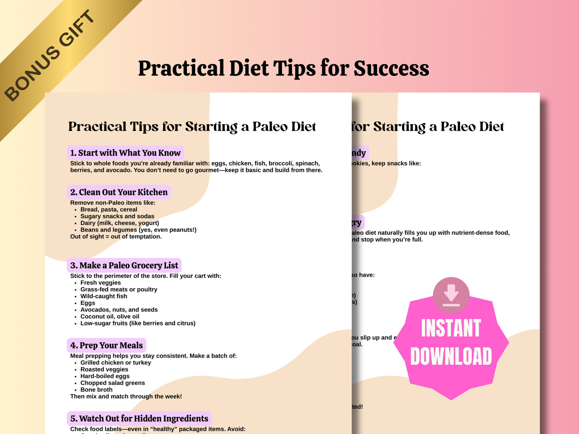 Printable Paleo Diet Food List with 100+ approved foods and bonus starter tips – clean eating guide for women over 35