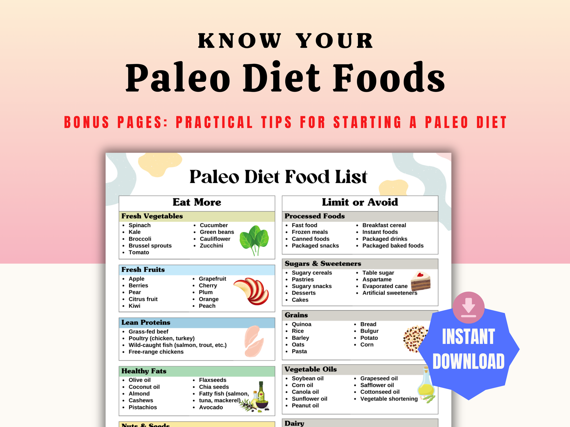 Printable Paleo Diet Food List with 100+ approved foods and bonus starter tips – clean eating guide for women over 35