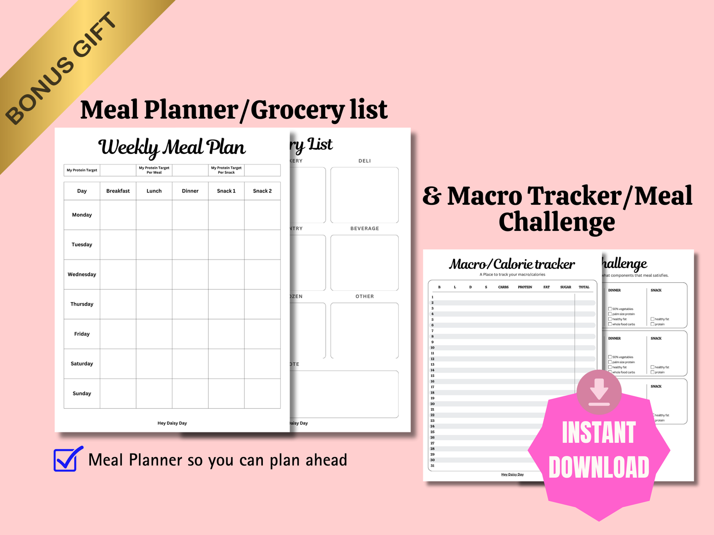 Printable food list categorized by nutrients for brain health, mood balance, and stress support with bonus planner, grocery list, and tracker worksheet.