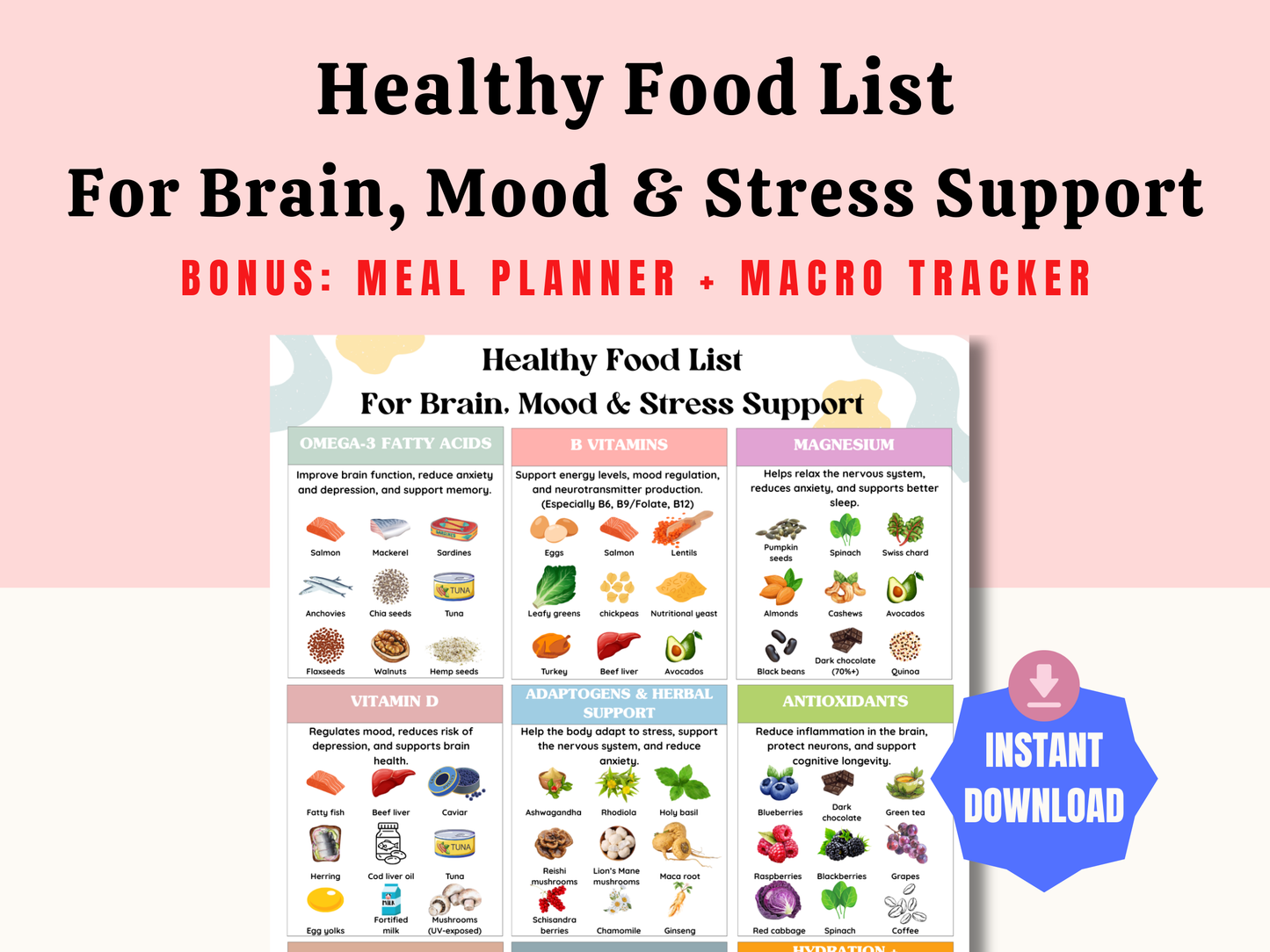 Printable food list categorized by nutrients for brain health, mood balance, and stress support with bonus planner, grocery list, and tracker worksheet.