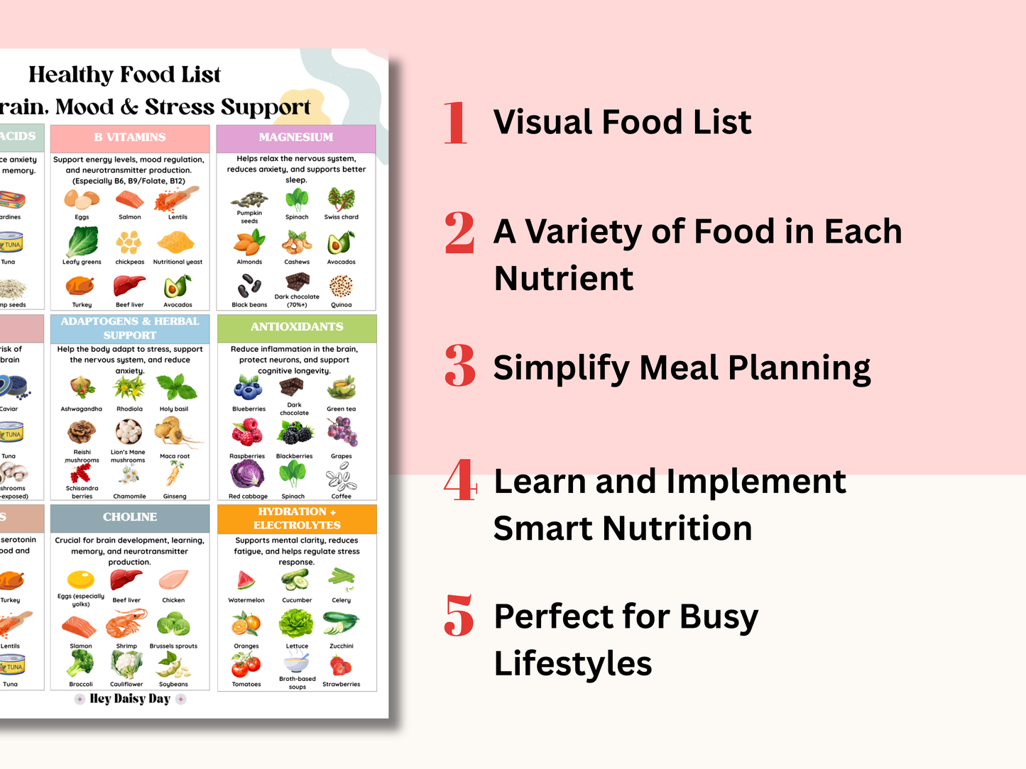 Printable food list categorized by nutrients for brain health, mood balance, and stress support with bonus planner, grocery list, and tracker worksheet.