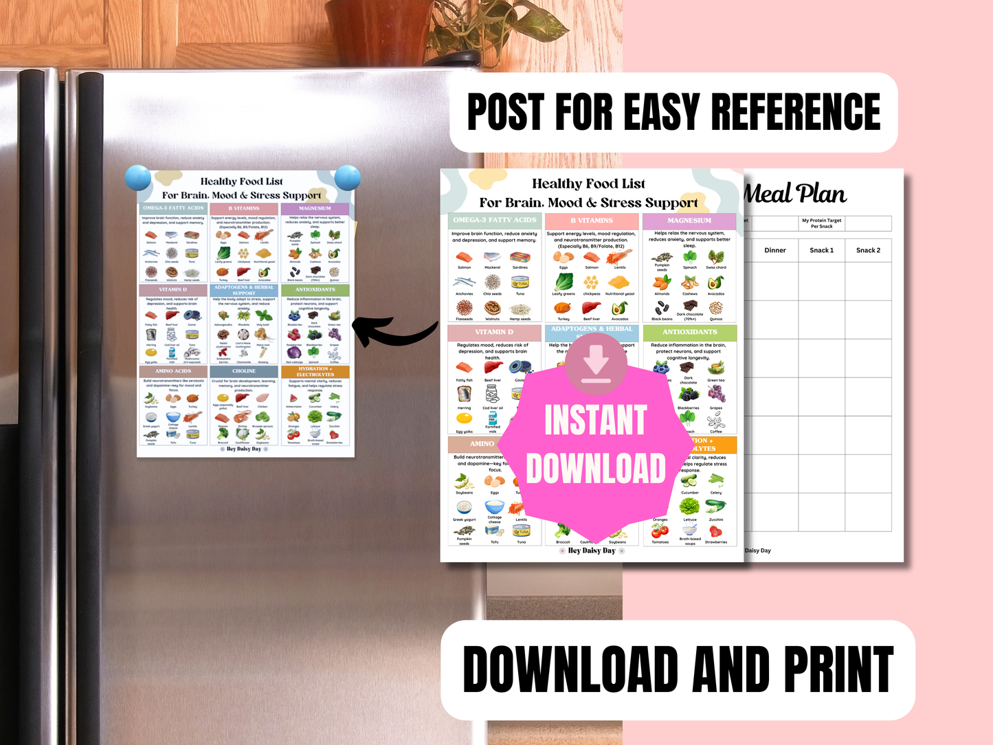 Printable food list categorized by nutrients for brain health, mood balance, and stress support with bonus planner, grocery list, and tracker worksheet.