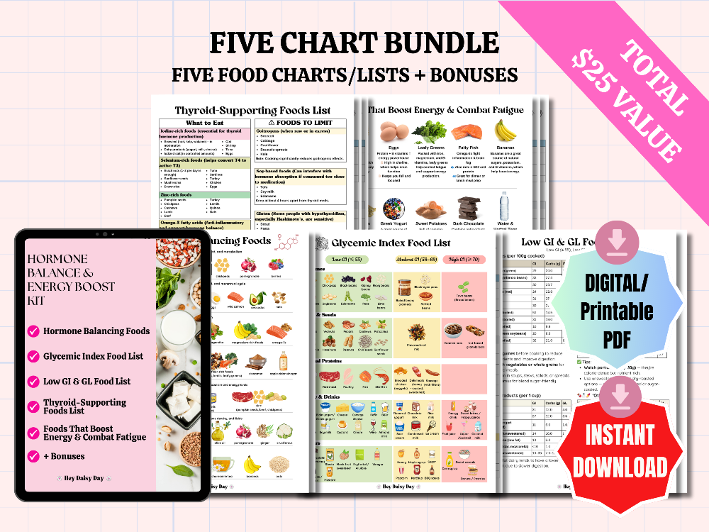 Hormone balancing and energy-boosting foods bundle for women—includes natural superfoods, low-GI options, and thyroid support