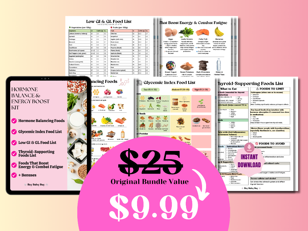 Hormone support and energy boost food chart bundle—features clean eating tips, superfoods, and hormone-friendly nutrition