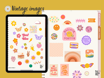 Digital stickers. Retro style digital stickers. Fun and retro patterns. motivated words.
