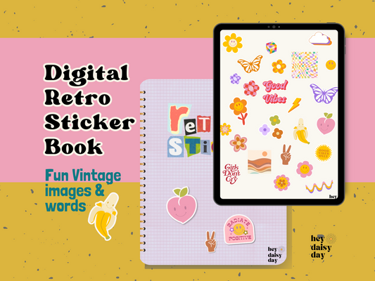 Retro digital stickers for digital planners. Fun wording stickers and digital patterns