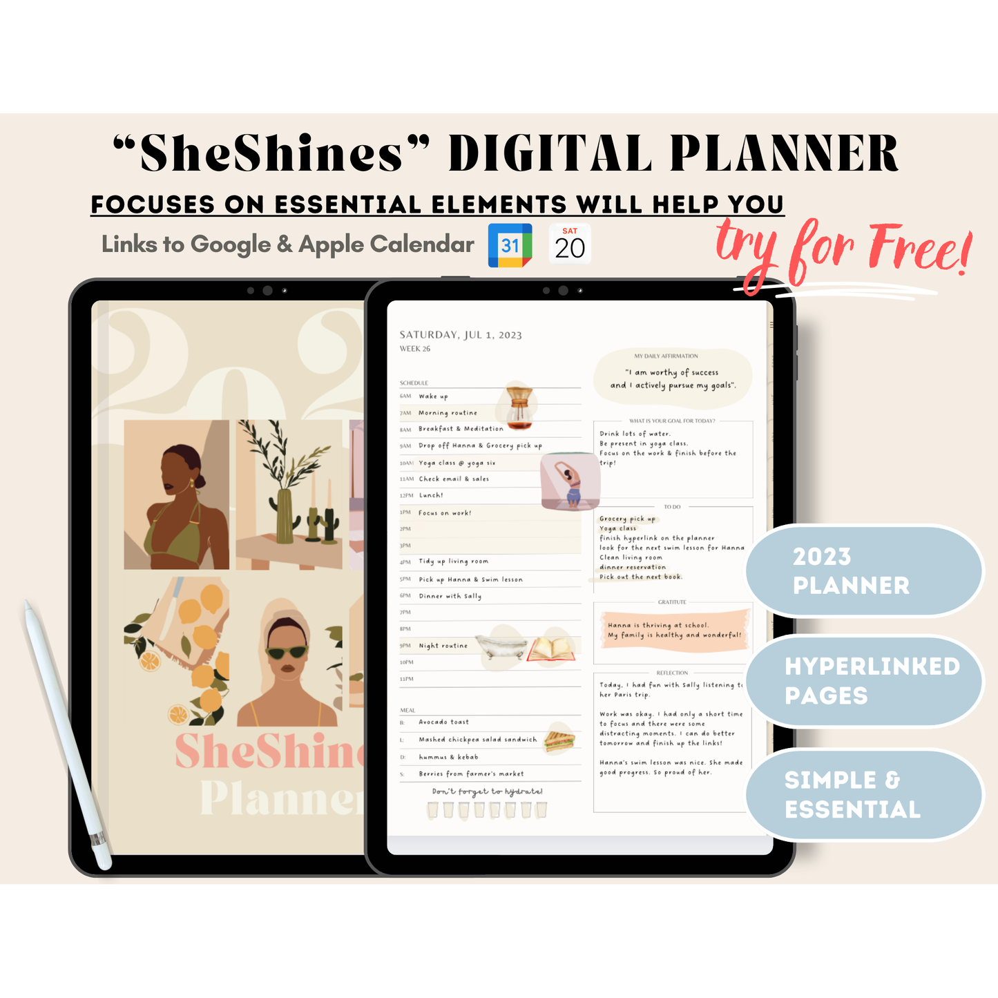 Sheshines digital Planner. hyperlinked google & apple calendar. Simple minimalist planner. Free digital planner.
