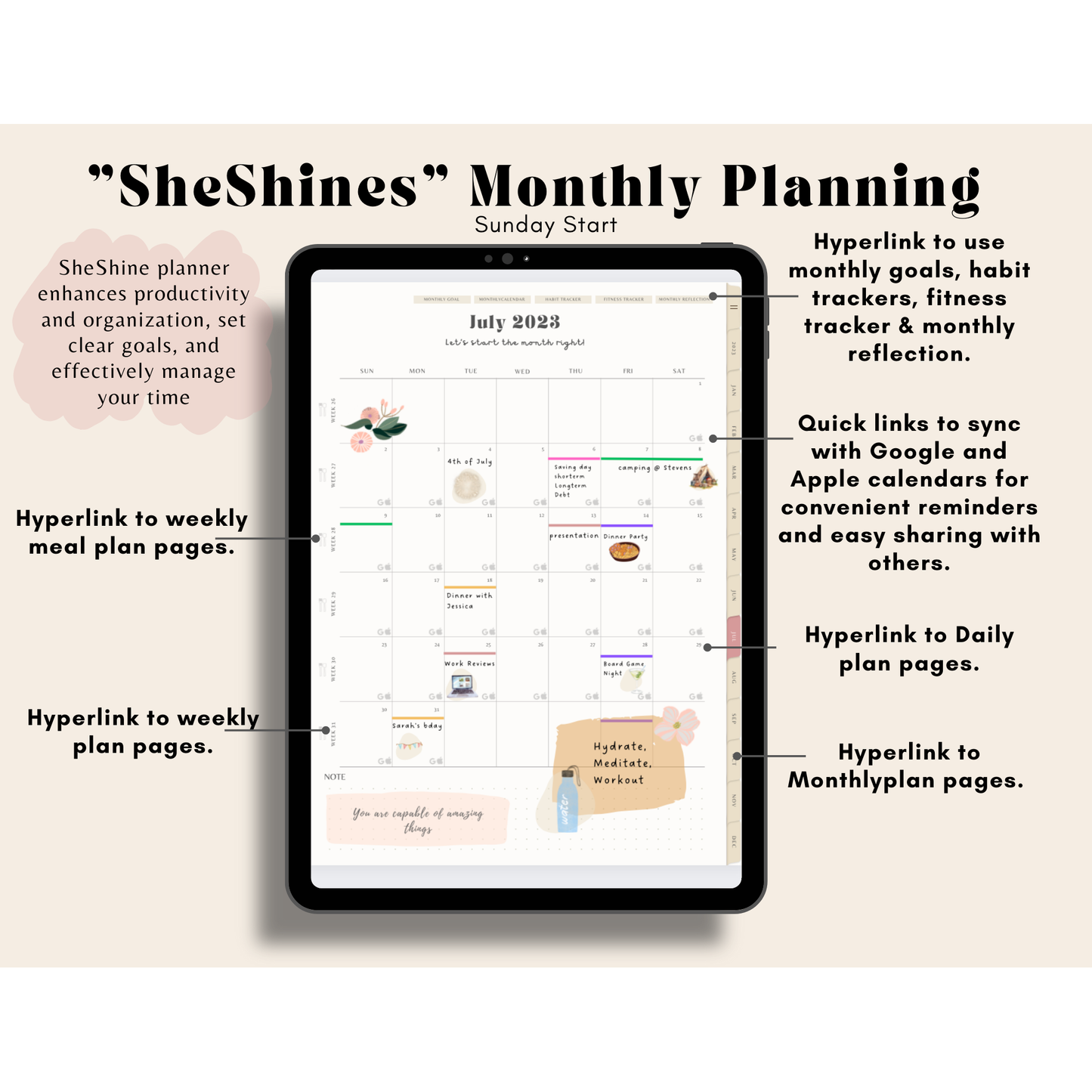 Sheshines digital Planner. hyperlinked google & apple calendar. Simple minimalist planner. Free digital planner.