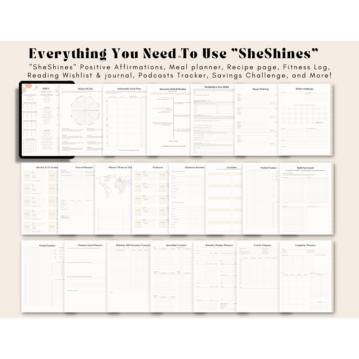 Sheshines digital Planner. hyperlinked google & apple calendar. Simple minimalist planner. Free digital planner.