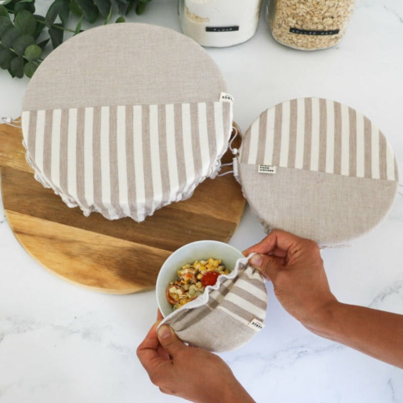 Bowl covers. Beige food covers. food hugging covers. flexible covers.