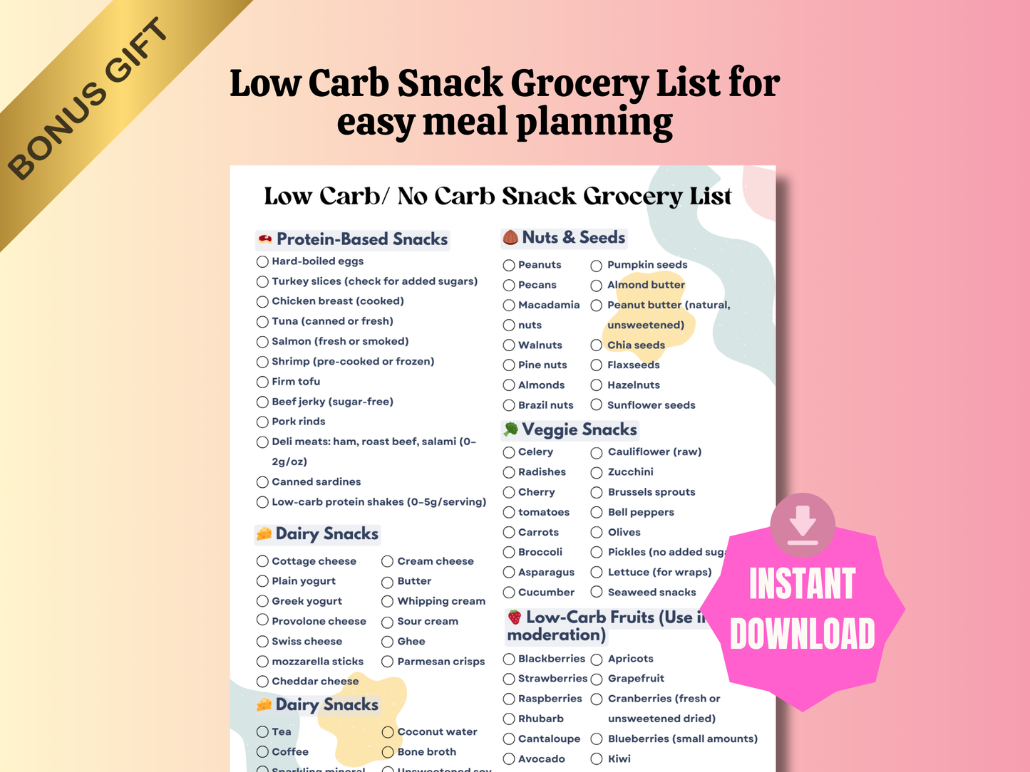 Printable Low Carb and No Carb Foods List with Bonus Snack Grocery Guide for Women Eating Clean