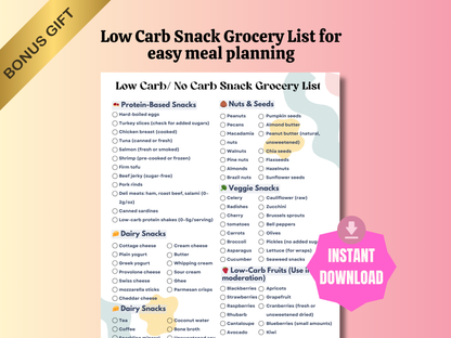 Printable Low Carb and No Carb Foods List with Bonus Snack Grocery Guide for Women Eating Clean