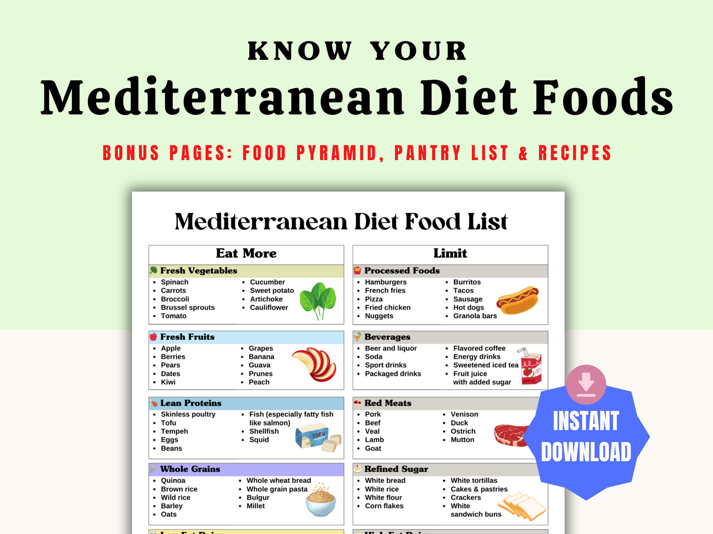 Mediterranean Diet Food List printable with bonus food pyramid and pantry staples checklist — healthy Mediterranean eating guide for women.