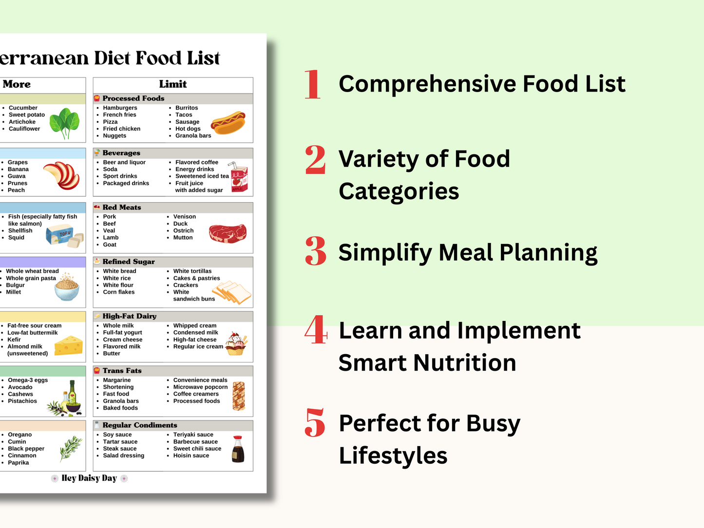 Mediterranean Diet Food List printable with bonus food pyramid and pantry staples checklist — healthy Mediterranean eating guide for women.