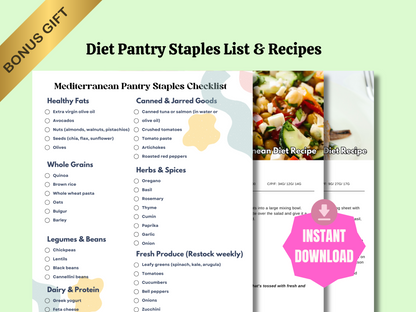 Mediterranean Diet Food List printable with bonus food pyramid and pantry staples checklist — healthy Mediterranean eating guide for women.