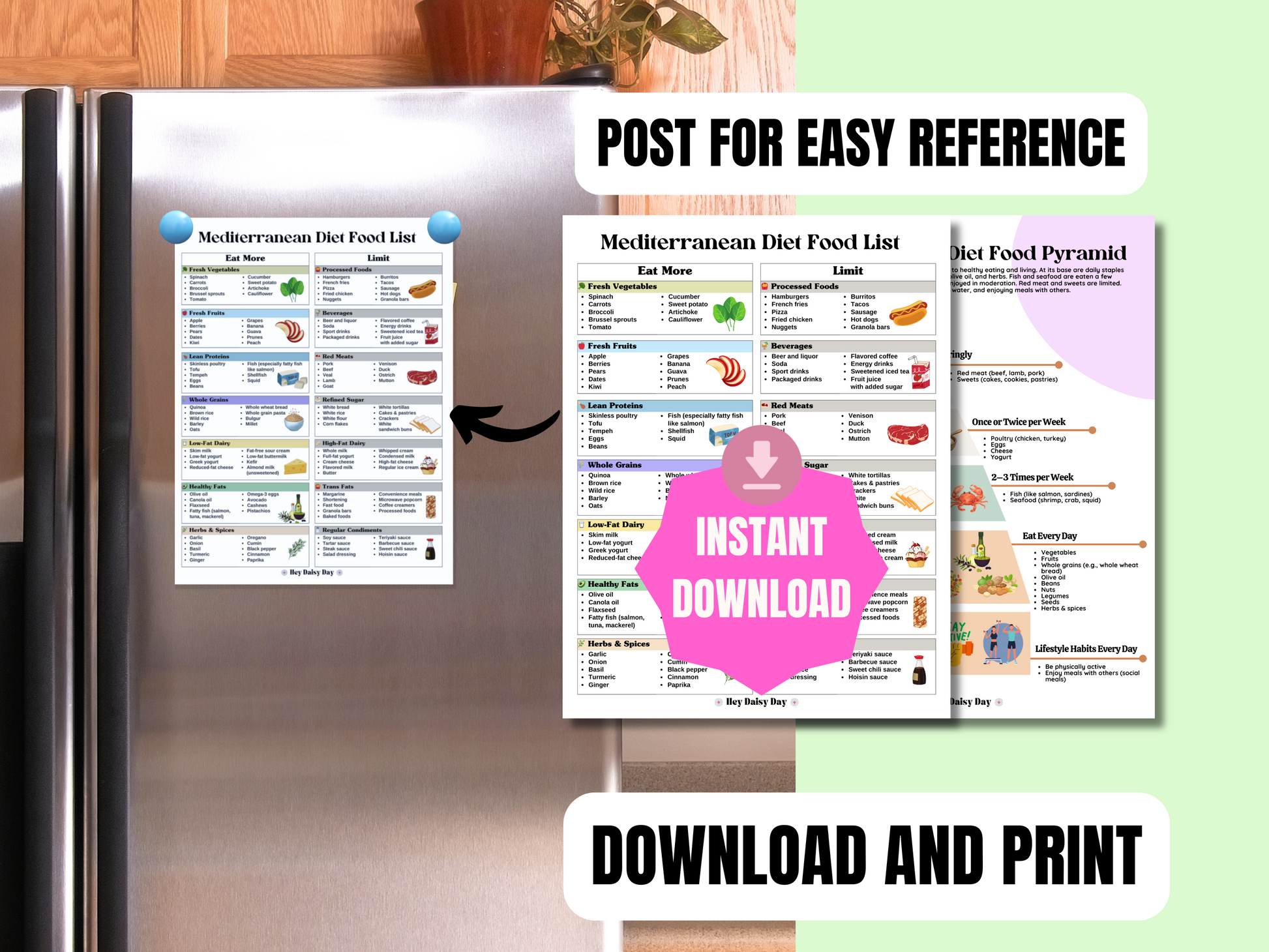 Mediterranean Diet Food List printable with bonus food pyramid and pantry staples checklist — healthy Mediterranean eating guide for women.