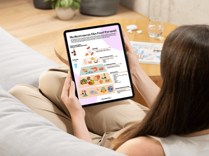 Mediterranean Diet Food List printable with bonus food pyramid and pantry staples checklist — healthy Mediterranean eating guide for women.