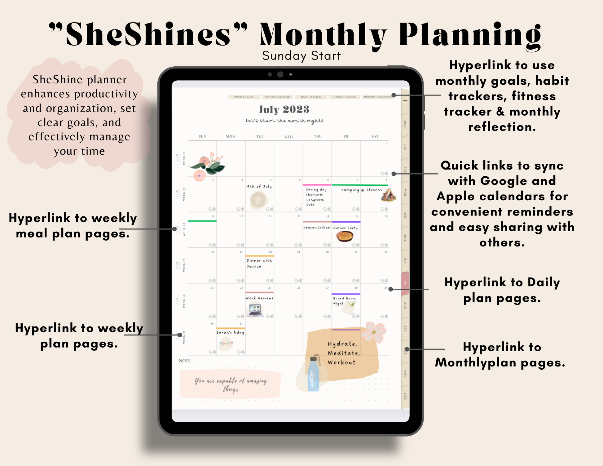 Sheshines digital Planner. hyperlinked google & apple calendar. Simple minimalist planner. Free digital planner.