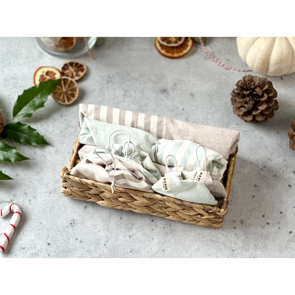 Reusable food covers and organizer rattan tray.